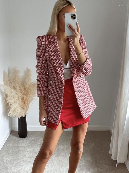 Ternos femininos estilosos Jaqueta xadrez vermelha de tweed blazer 2023 Office Lady com botões duplos para cima Casaco fino cintura alta Outerwear