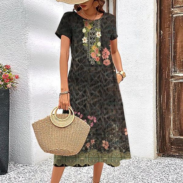 Casual Kleider Ethnischen Stil Frauen 3D Vintage Blumen Drucken Kurzarm Kleidung Mode A-Linie Rock Sommer Dame Übergroßen Strand Kleid
