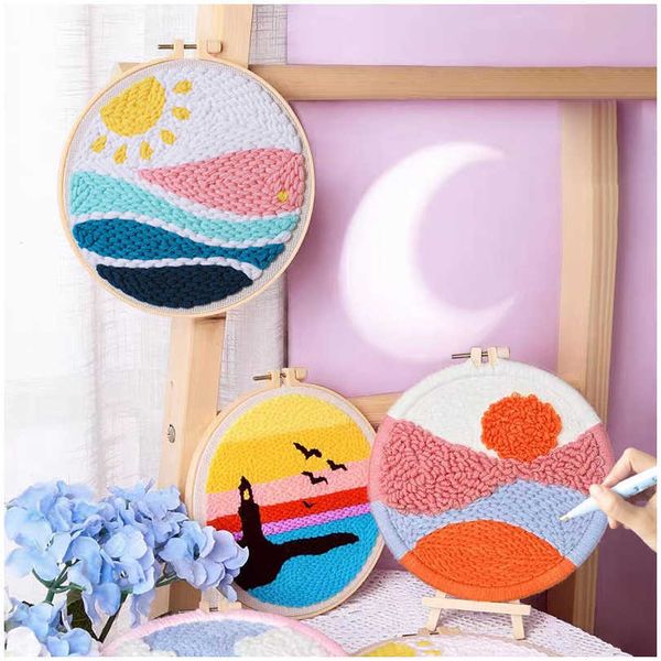 Produtos de estilo chinês DIY Punch Needle Bordado para iniciantes com padrão de cor carimbado instrução conjunto de artesanato de fio para pinturas suspensas na parede