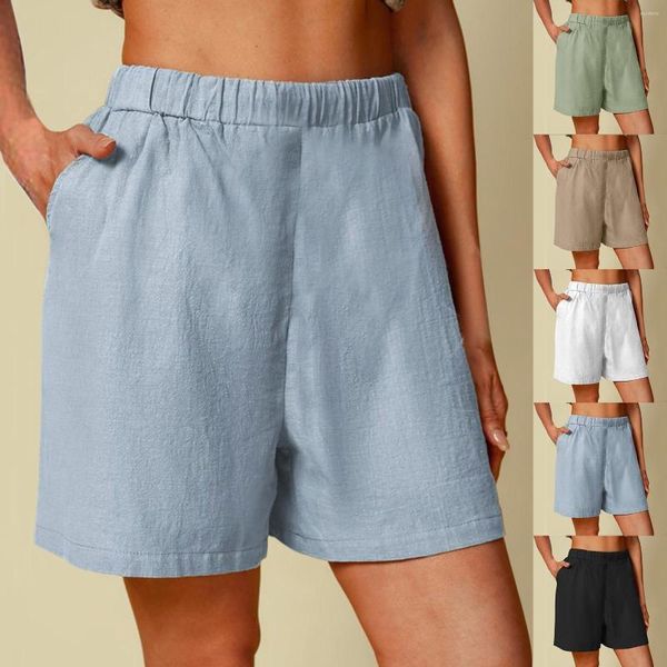 Shorts femininos femininos casuais lisos cintura alta de algodão e linho calças femininas elásticas de verão