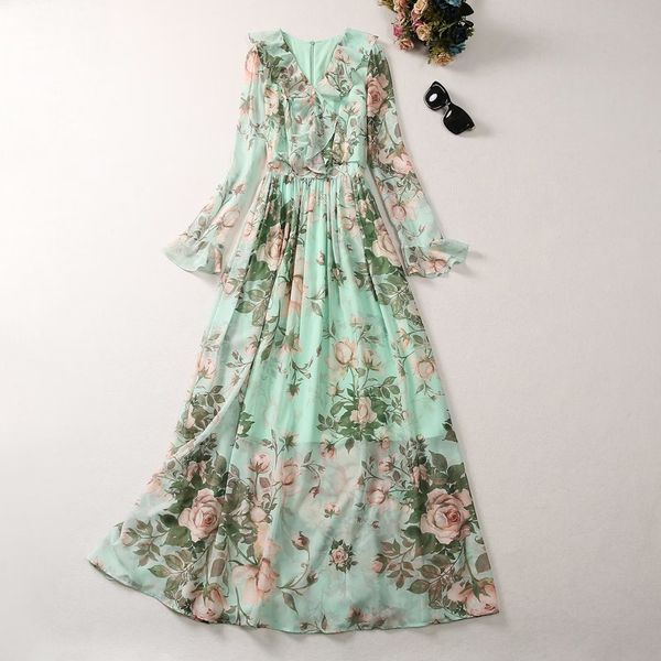 2023 Outono Verde Floral Estampado Vestido Chiffon Manga Longa Decote V Com Painéis Vestidos Longos Maxi A3Q191340 Plus Size XXL