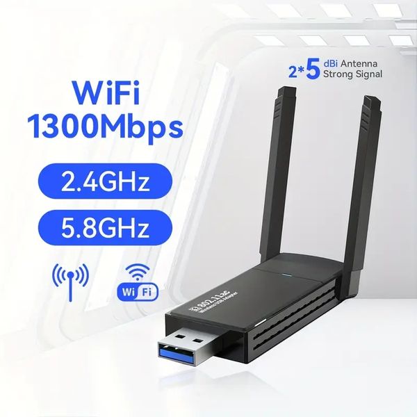 Adaptador WiFi USB Placa de rede sem fio de 1300 Mbps, adequado para computador de mesa 3.0 Dongle WiFi com antena, cartão WiFi de banda dupla de 2,4 GHz e 5 GHz