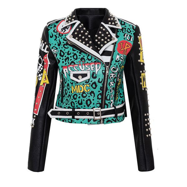 Damenjacken Frauen Leopard Graffiti Punk-Stil PU-Lederjacke mit Gürtelniet Queen Motorradmäntel und Jacken 230803