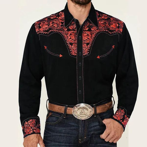 Camicie casual da uomo 2023 Camicia Western Floral Print Risvolto Street Manica lunga Bottone Abbigliamento Fashion Designer Style 230804