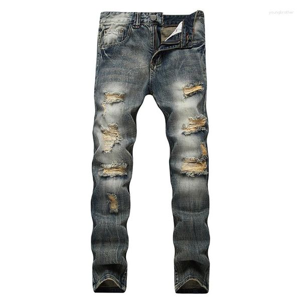 Jeans masculino streetwear calça jeans rasgada buraco arruinado motociclista patch reto de alta qualidade plus size