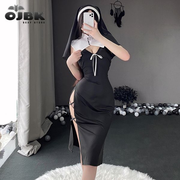 Sexy Set OJBK Nun Role Play Maid Cosplay Costume Terno Feminino Sexy Lingerie Dress Anime Nun Headgear Halloween Black Hollow Passion Uniforme 230804