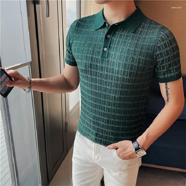 Polo da uomo a quadri con colletto rovesciato T-shirt da uomo di alta qualità a maniche corte estiva morbida confortevole elastica di lusso in maglia casual Polo Hommes