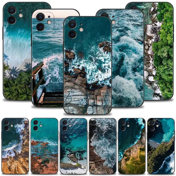 Moda manzarası iPhone 15 için yumuşak TPU kasası 14 Pro Max 13 12 12 XR XS 8 7 iPhone15 Deniz Okyanusu Gündoğumu Dağları Silikon Cep Telefonu Arka Kapak