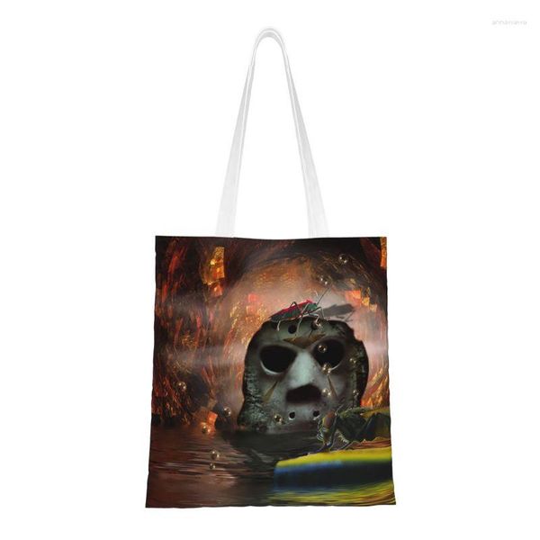 Sacolas de compras Kawaii Welcome To Horror Movies Tote Reciclagem Personagem de Halloween Lona Bolsa de compras de ombro