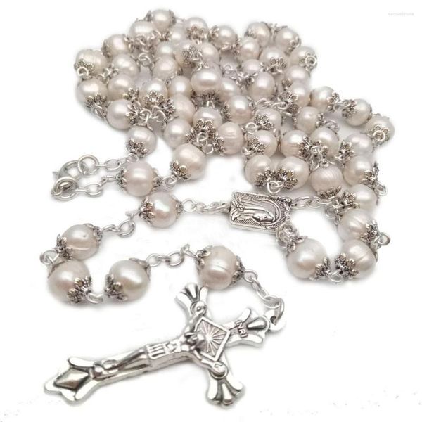 Colares com Pingente de Pérola Vintage Corrente de Contas Cristãos Católicos Rosário Cruz Colar Para Mulheres Homens Charme Jóias Religiosas Presentes