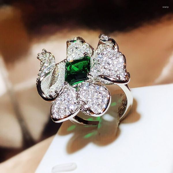 Anelli a grappolo Grandi fiori irregolari Anello regolabile in argento sterling 925 con zircone verde smeraldo per le donne Gioielli da sposa con ciondoli Regalo per feste