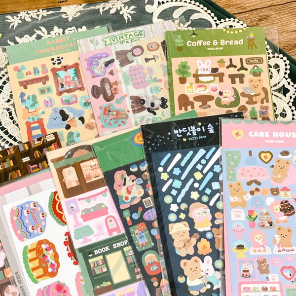 Yapışkan Çıkartmalar 9pcsset Kore karikatür hayvan serisi dekoratif ayı kahve dükkanı idol kartları scrapbooking günlüğü çıkartma ins kırtasiye 230803