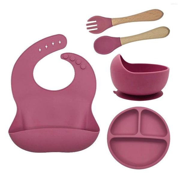 Ciotole 5 PZ Piatto da Cena in Silicone per Bambini Piccola Ventosa Ciotola Bavaglino Forchetta Cucchiaio Set Antiscivolo Stoviglie per Bambini Piatti per Bambini