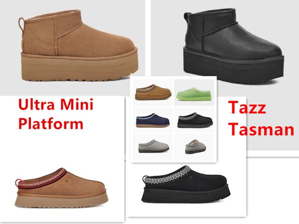 Clássico Ultra Mini Botas Plataforma Tazz Fur Slides Shearling Shearling Tasman Chinelos New Mules Feminino Masculino Slip-on Shoes Camurça Superior Outono Inverno