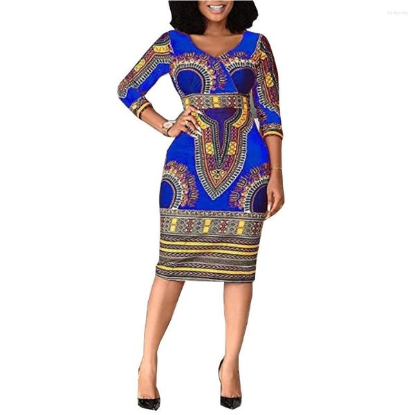 Roupas étnicas Dashiki Vestido africano Feminino Manga 3/4 Decote em V Na altura do joelho Robes Moda Estampado Casual Escritório Senhora Lápis Vestidos 2023