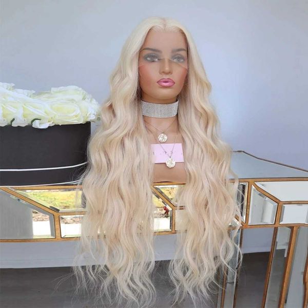 Cabelo Humano Capless Perucas Onda Natural Platinum 613 Loiras Perucas de Cabelo Macio Lace Frontal Peruca de Cabelo Sintético Lace Front Perucas Para Mulheres Sem Cola Uso Diário x0802