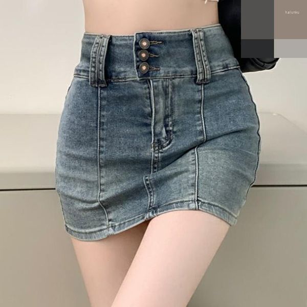 Saias Spicy Girl Vintage Jeans Calças Meio Corpo Feminino Verão A-line Saia Cintura Alta Enrolado Quadril Curto