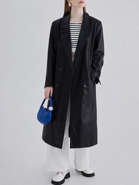 Trench da donna da donna in pelle nera con cintura in pelle di grandi dimensioni manica lunga con risvolto giacca a vento moda primavera autunno 2023 M371