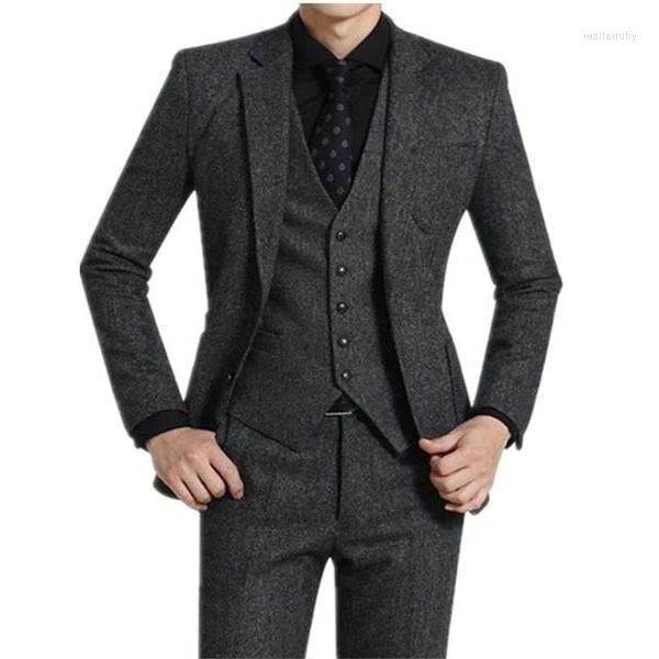 Abiti da uomo 3 pezzi grigio tweed da uomo per matrimonio risvolto con visiera personalizzato smoking dello sposo casual inverno uomo moda abbigliamento giacca pantaloni