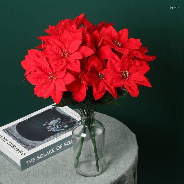 Flores decorativas 1 peça/39,5 cm flor artificial 7 cabeças de grande buquê de veludo de seda rosa decoração de natal adereços de sala de estar ornamentos