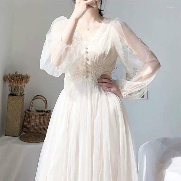 Casual Kleider Frauen Cottagecore Kleid Sommer Aprikose Vintage Kleidung Frau Taste A-Line Puff Sleeve Spitze Voile Mesh Vestidos