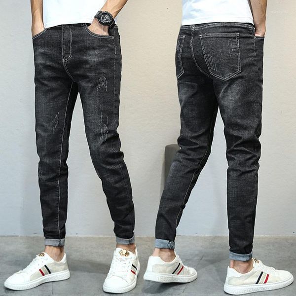 Мужские джинсы стиль прямые синие высококачественные царапины для эластичных брюк корейские сексуальные повседневные черные длинные брюки;