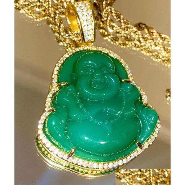 Correntes Banhadas a Ouro 18K Acabamento Jade Verde Lab Diamantes Simulados Buda Rindo Iced Out Colar com Pingente Cz Jóias Drop Delivery Nec Dhg42