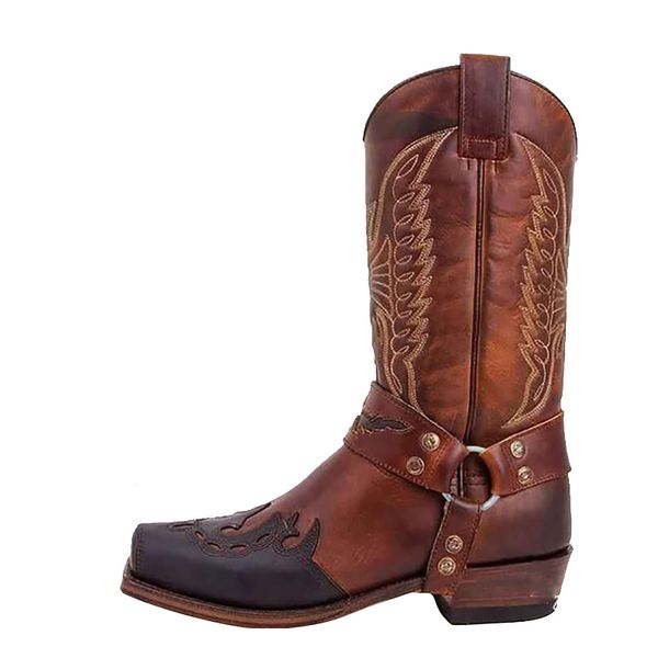 Botas masculinas botas masculinas cross-country bordado salto grosso botas de tubo médio estilo europeu e americano botas de cowboy ocidentais 230803