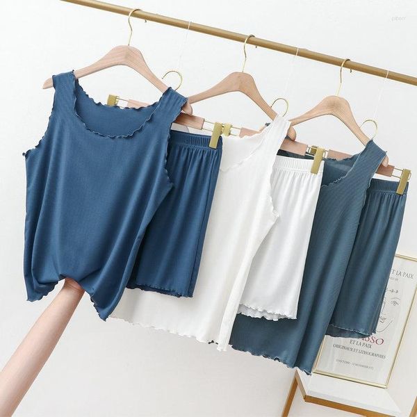 Damen-Nachtwäsche, Tank-Top, Shorts-Set für den Sommer, Pyjama mit Holzohrkante, locker sitzende, lässige Heimkleidung, zweiteilig