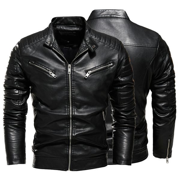 QNPQYX Giacca invernale in pelle nera da uomo foderata in pelliccia calda giacca da motociclista Slim Street Fashion cappotto da motociclista nero cerniera design pieghettato