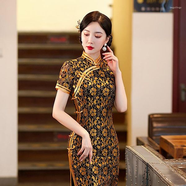Abbigliamento etnico 2023 Donna Giallo Sexy Cheongsam Pizzo Hollow Craft a maniche corte Qipao Abito da sera con colletto alla coreana Stile cinese