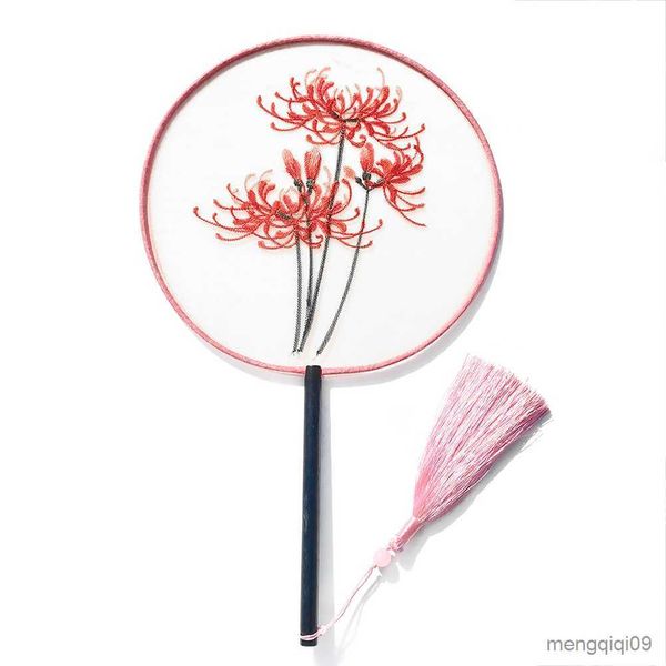 Produtos de estilo chinês bordados frente e verso coelho panda flor ventilador circular cabo de madeira borla Cheongsam fãs de dança R230804