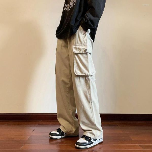 Erkek pantolonlar büyük cepler bahar gündelik kargo hip-hop sokak kıyafeti pamuk gevşek düz geniş bacak paspas pantolon