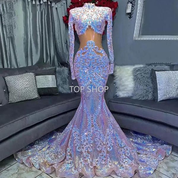 Abiti da sera lunghi bianchi a coda di pesce 2022 Collo alto Manica lunga Sirena con paillettes colorate scintillanti Africana Aso ebi Black Girls Prom 257C