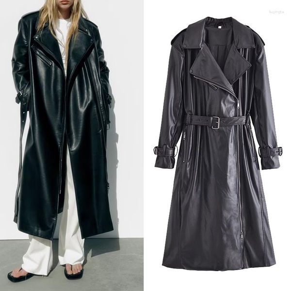 Giacche da donna GJXSDNX Trench coat in pelle oversize lungo per donna Manica risvolto Vestibilità ampia Autunno Abbigliamento nero alla moda Streetwear