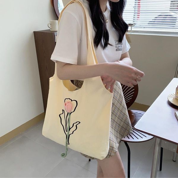 Borse da sera Borsa a tracolla in tela Tulip Flower Small Fresh Large Capacity Shopping Student Casual Trend All-match Mori Girl Schoolbag