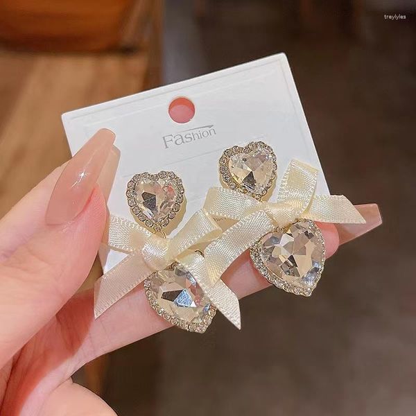 Ohrstecker, modisch, koreanischer Stil, elegant, Garn, Schleife, Herzform, Kristall, für Damen und Mädchen, niedliche Anhänger, Party, Premium-Schmuck, Geschenke