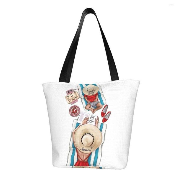 Einkaufstaschen Kawaii Print Super Mama Tote Wiederverwendbare Leinwand Schulter Shopper Mode Dame Cartoon Mama und Baby Handtasche