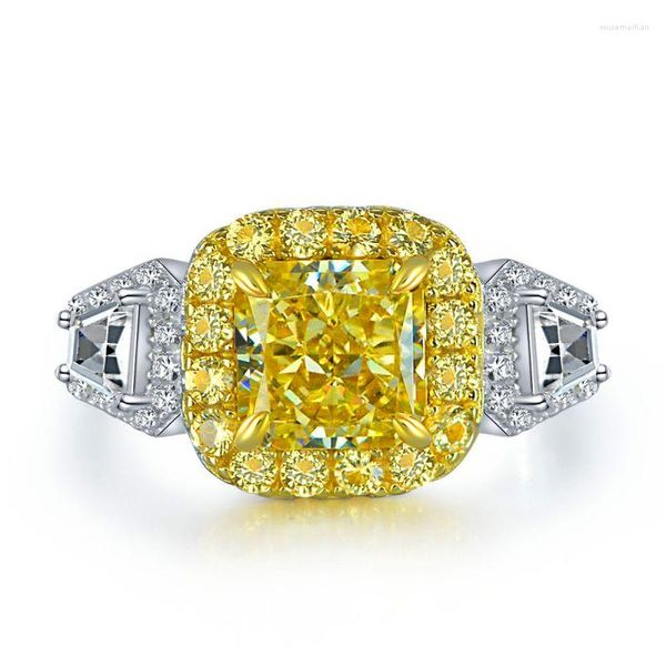 Cluster Rings Prata Esterlina 925 7x7mm Quadrado Fantasia Amarelo Claro Pedra de Noivado Alto Carbono Diamante Festa de Casamento Jóias Finas