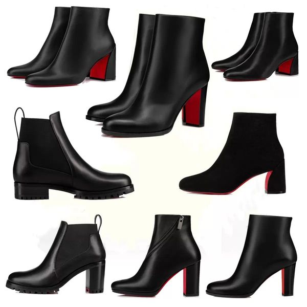 2023 Popular Moda Feminina Botas Curtas Vestido Ankle Boot Red Bottoms Bottoms Heals Boots Luxo Reds Solas Heel Heel Pumps Femininas Turela Camurça Tornozeleiras Botas Com Caixa