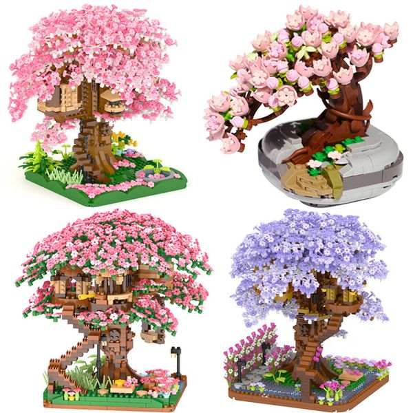 Bloklar Mini Sakura Tree House Build Block City Street View Kiraz Blossom Model Yapı Blokları Hediye için Oyuncak Oyuncakları 230803