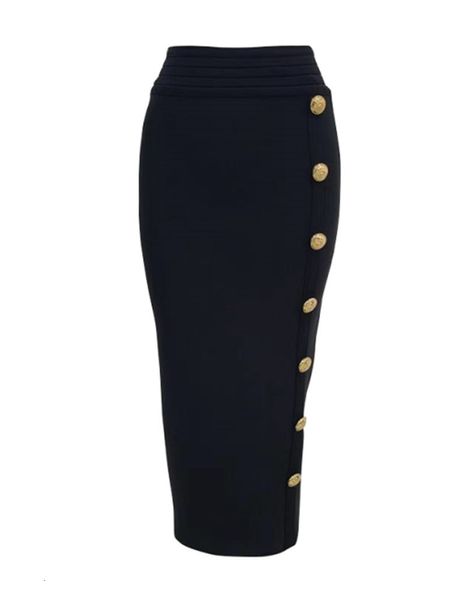 Saias Chegada Feminina Botão Preto Azul Vermelho Bodycon Bandage Saia Estilista Cintura Alta Street Party Lápis Club 75cm 230803