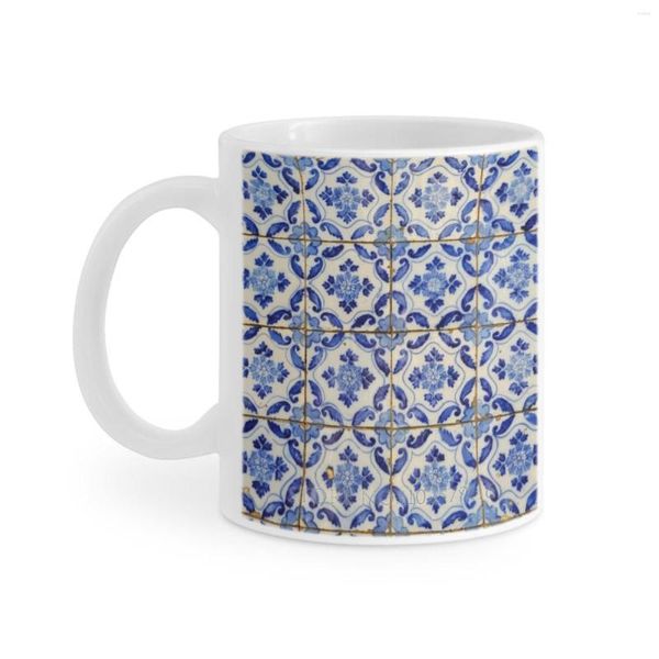 Tazze piastrelle portoghesi. Fiori blu e foglie tazza bianca stampata divertente tazza da tè regalo caffè personalizzato