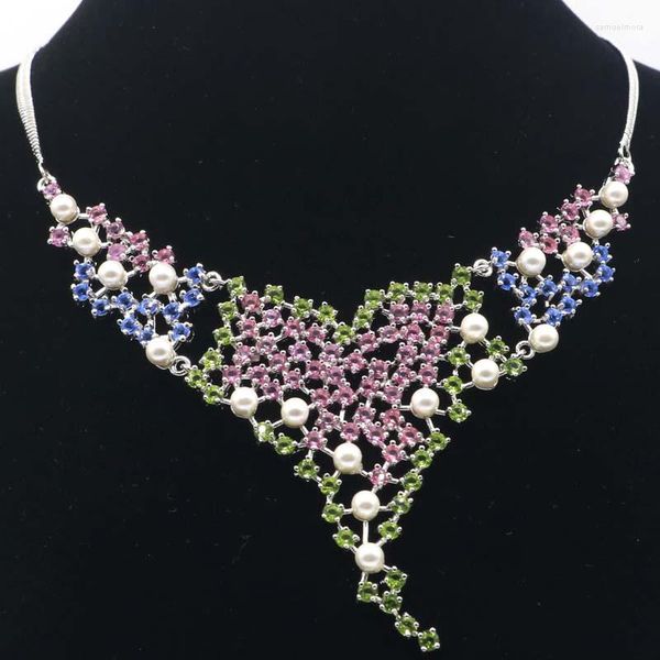 Catene 95x80mm Multi colore verde peridoto rosa tormalina viola tanzanite smeraldo bianco perla CZ regalo donna collana in argento 19-20 pollici