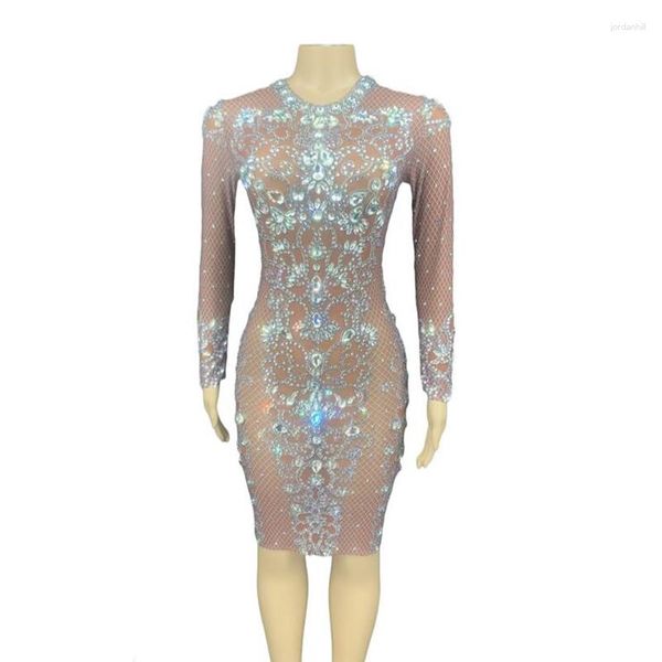 Lässige Kleider Nude Durchsichtig Mesh Silber Kristalle Kleid Frauen Sexy Geburtstag Feiern Transparent Langarm Prom Steine Kostüm