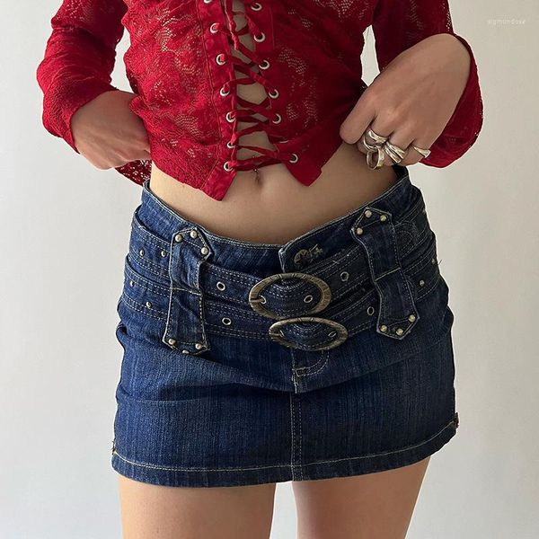 Saias American Retro Sexy Girls Denim Short Skirt - Street Style Double Waist Belt Design Figure-Hugging Pencil 2023.