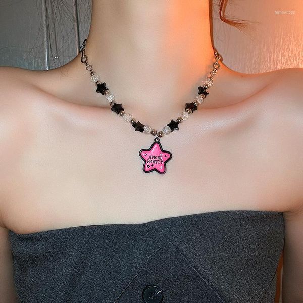 Colares com Pingente Goth Black Pink Star Beads Colar Para Mulheres Vintage Sweet Trendy Clavícula Cadeia Estética Y2k EMO Jóias