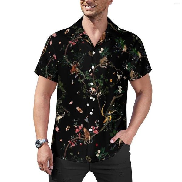 Camisas casuais masculinas Monkey World Vacation Shirt Vintage Floral Print Hawaii Aesthetic Blus Manga Curta Graphic Clothing Plus Size