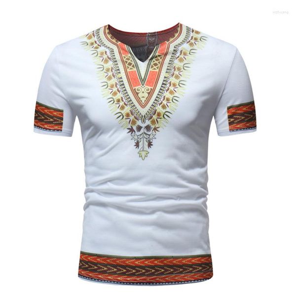 Roupas étnicas Branco Africano Dashiki Print T Shirt Homens Marca de Verão Decote em V Tee Tops Roupas Hip Hop Streetwear Camiseta Masculina