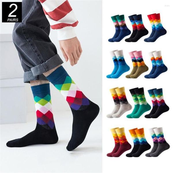 Herrensocken, 2 Paar, mittellang, Baumwolle, für Herren, Mitte der Wade, Diamant-Plaid, buntes Design, Damen, Hip-Hop, Skate-Sox